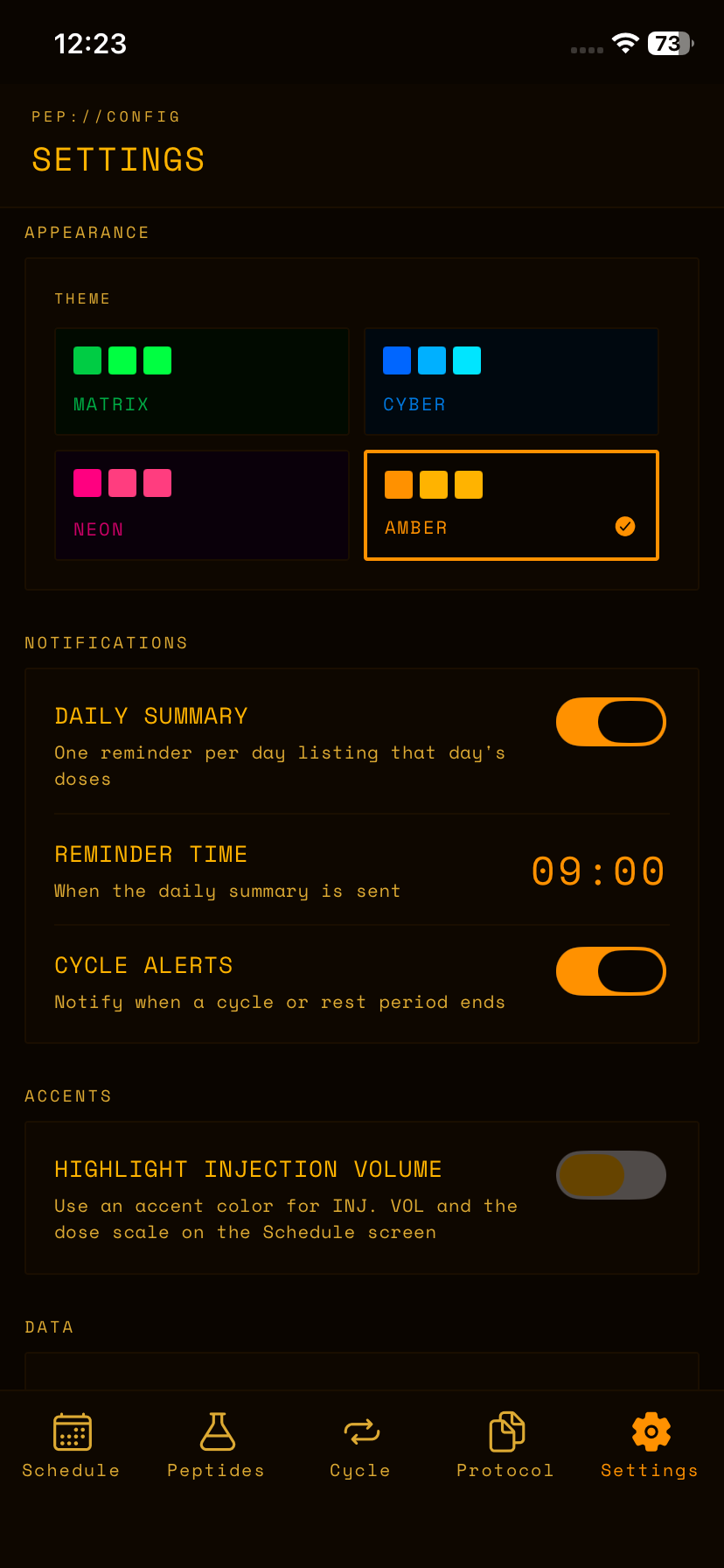 Pep Tracker Settings view in AMBER theme