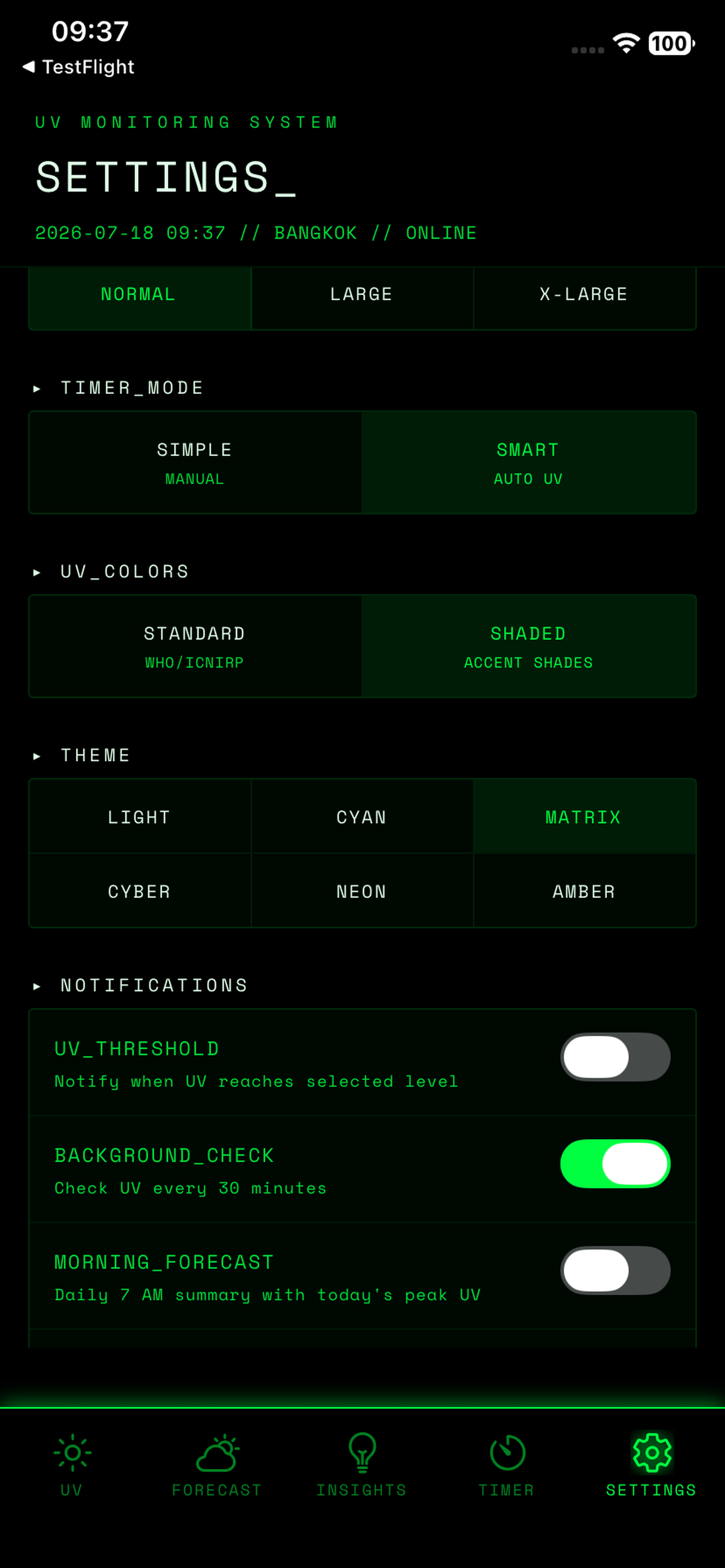 UV Index Settings view in CYBER theme