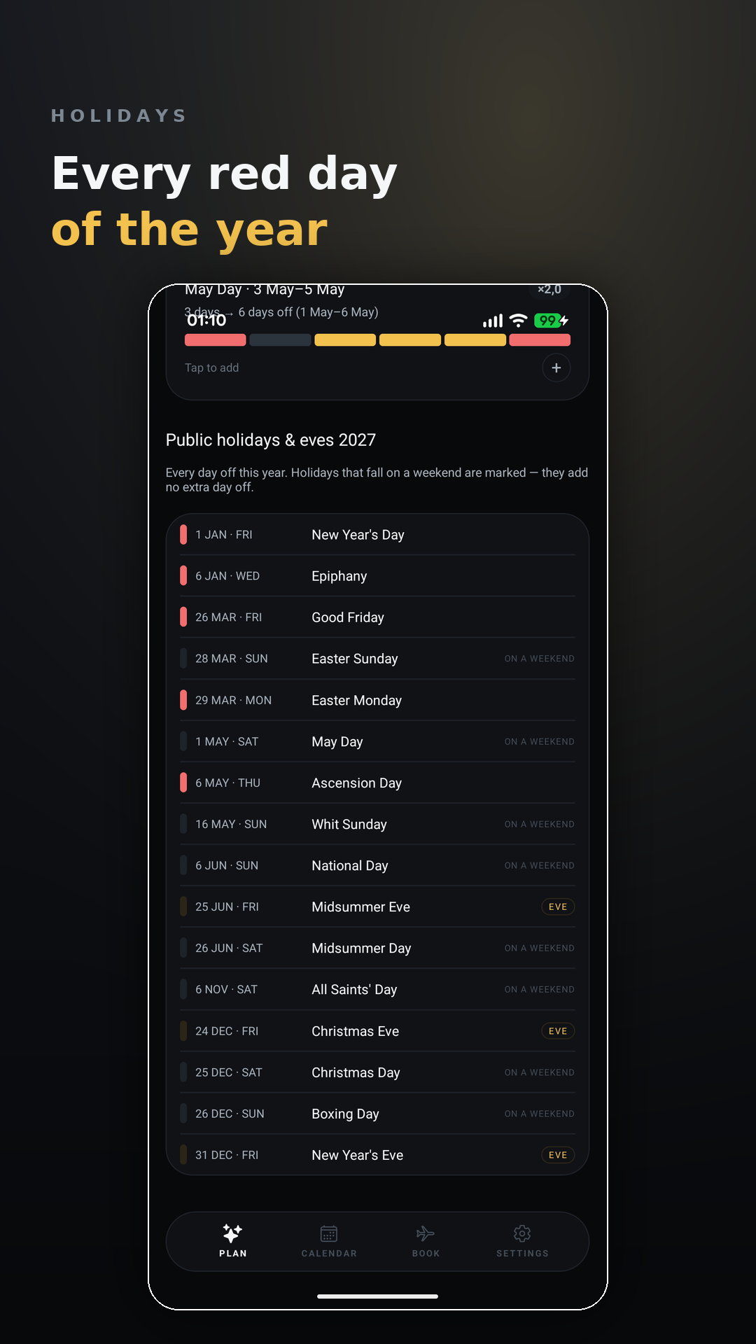 Vacationmaxxing Public holidays screen